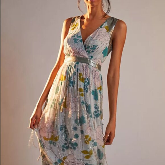 Anthropologie Sylvia Beaded Fringe Maxi Dress 2P NWT Petite Glam - Picture 1 of 4